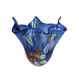 Vintage Linea Murano Blue Handkerchief Vase Millefiori Art Glass 6 inches